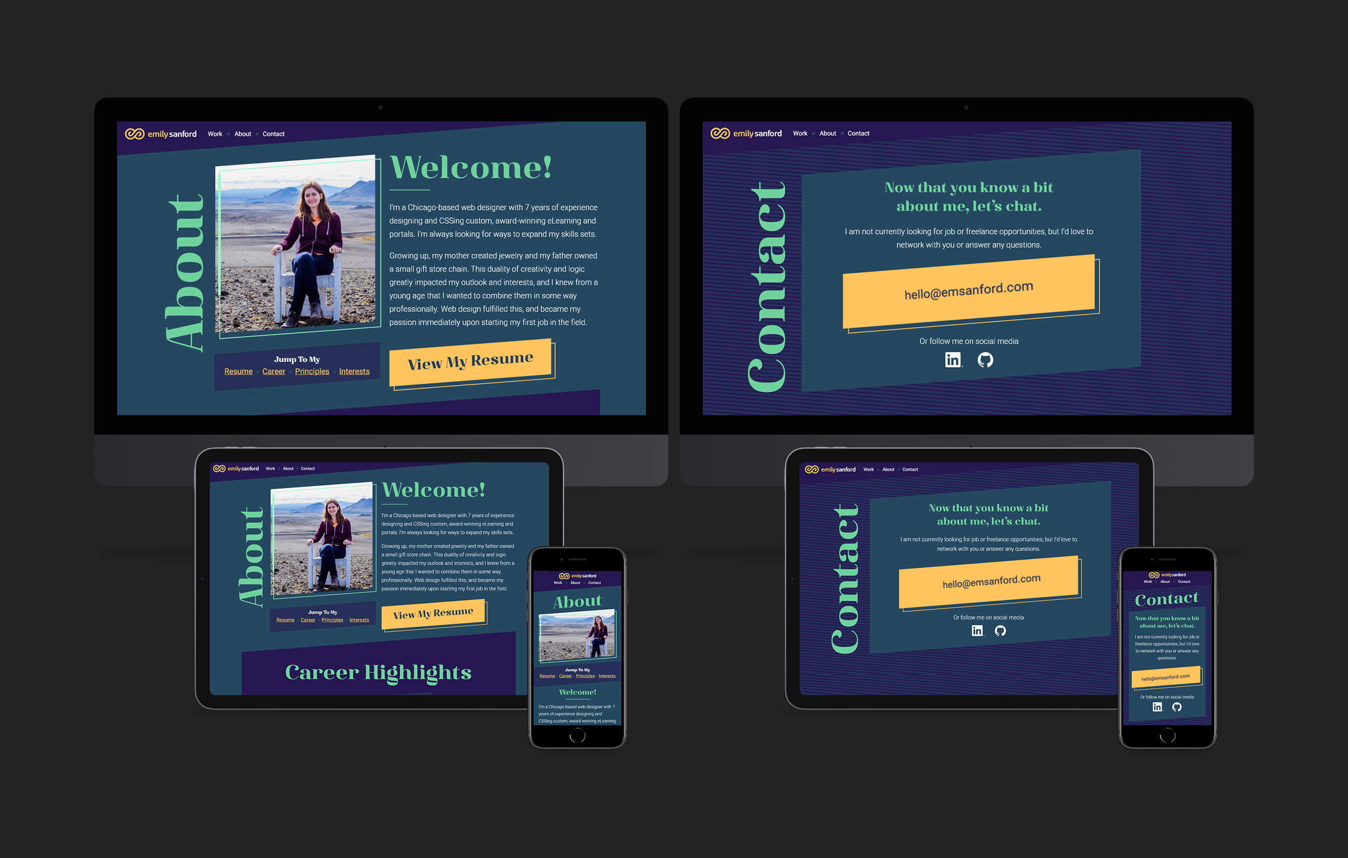 The About and Contact retro-themed page designs displayed on a phone, tablet, and desktop computer. The design differs from the current design of the site you are on, but most of the layout and text is the same.