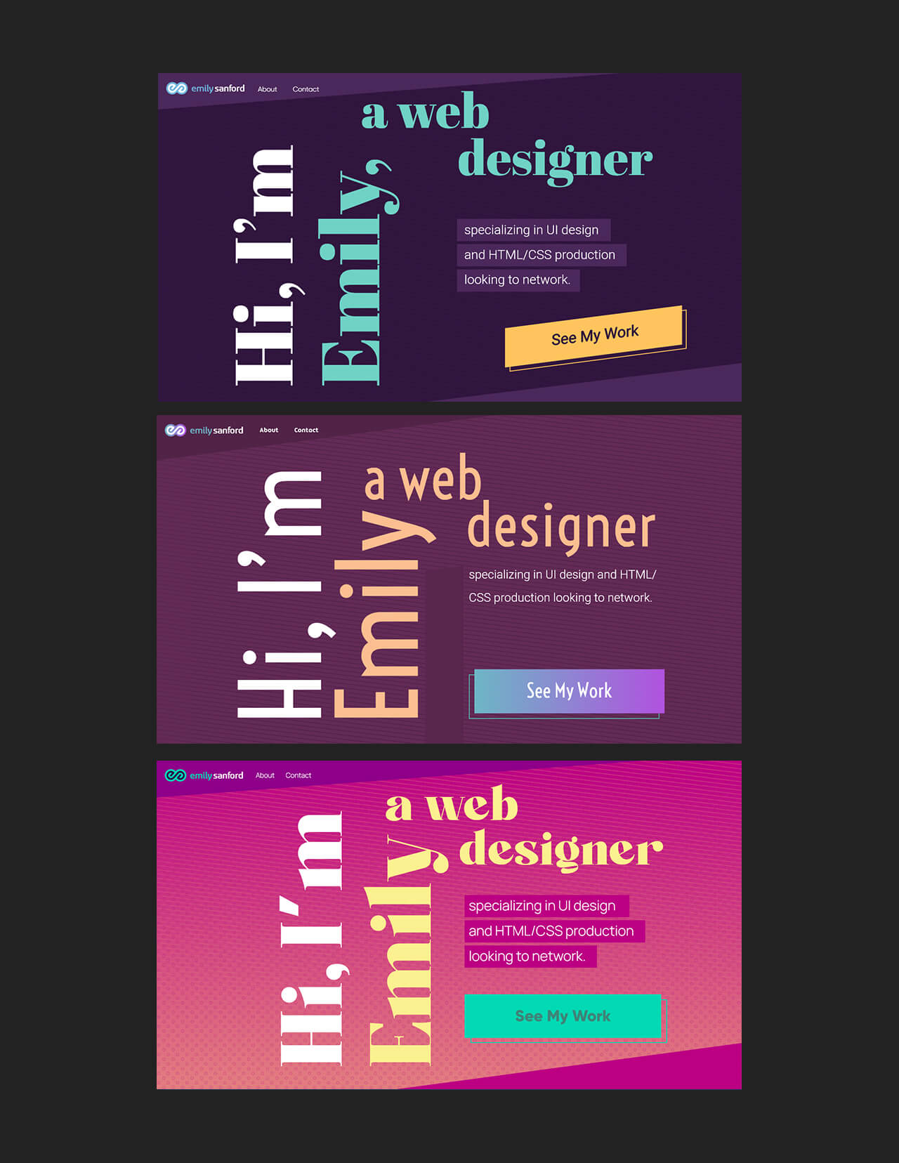 Three mockup variations of the third wireframe from the previous graphic. They use different fonts, colors, patterns, and graphical flourishes.